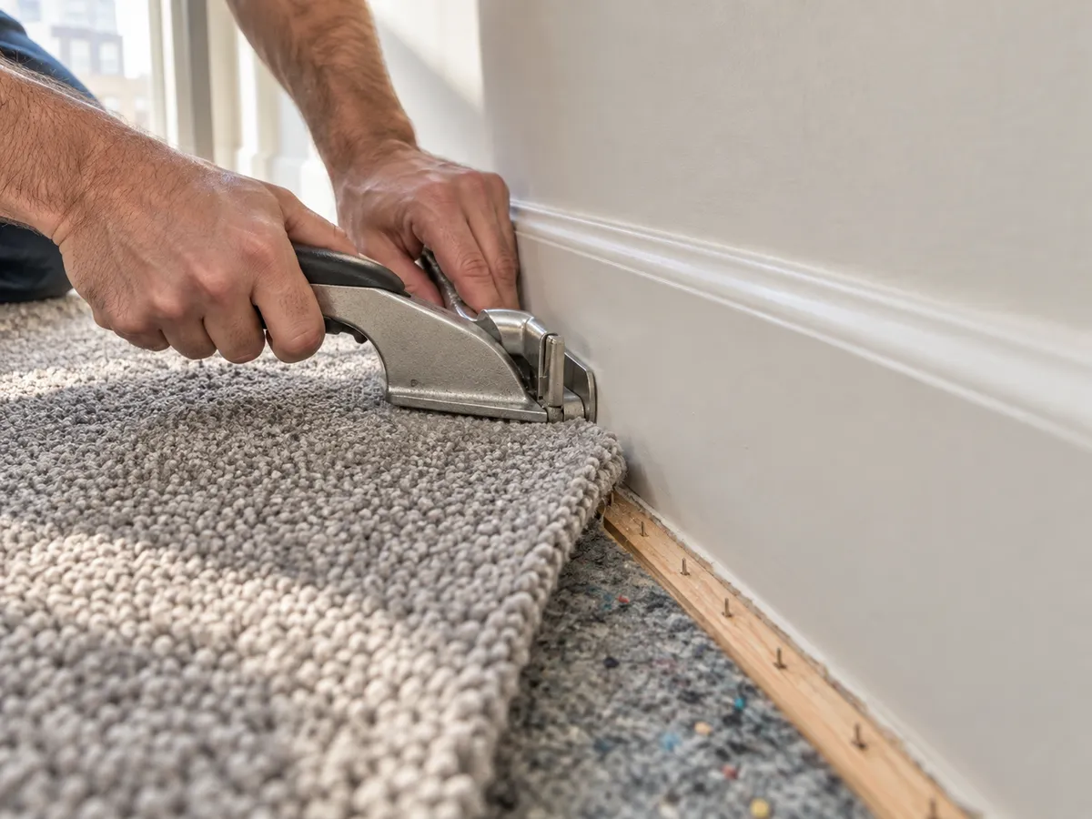 Carpet being trimmed and tucked along a baseboard