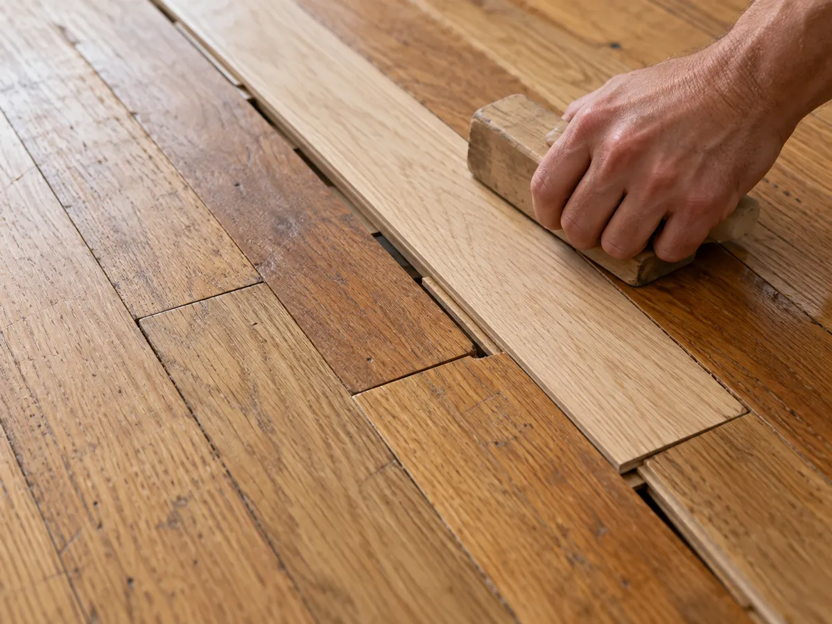 A new oak board being woven into an existing strip floor