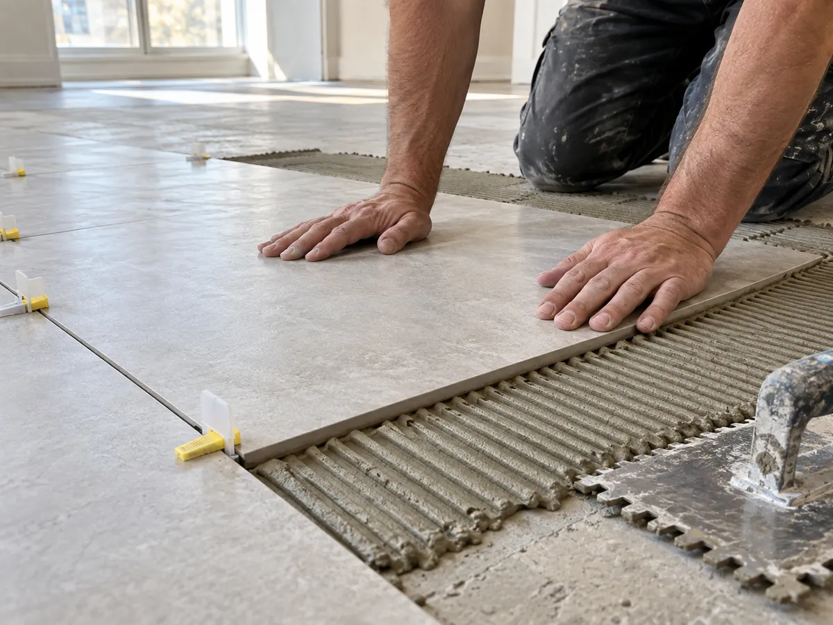 A large porcelain floor tile being pressed into notched mortar with leveling clips at the joints